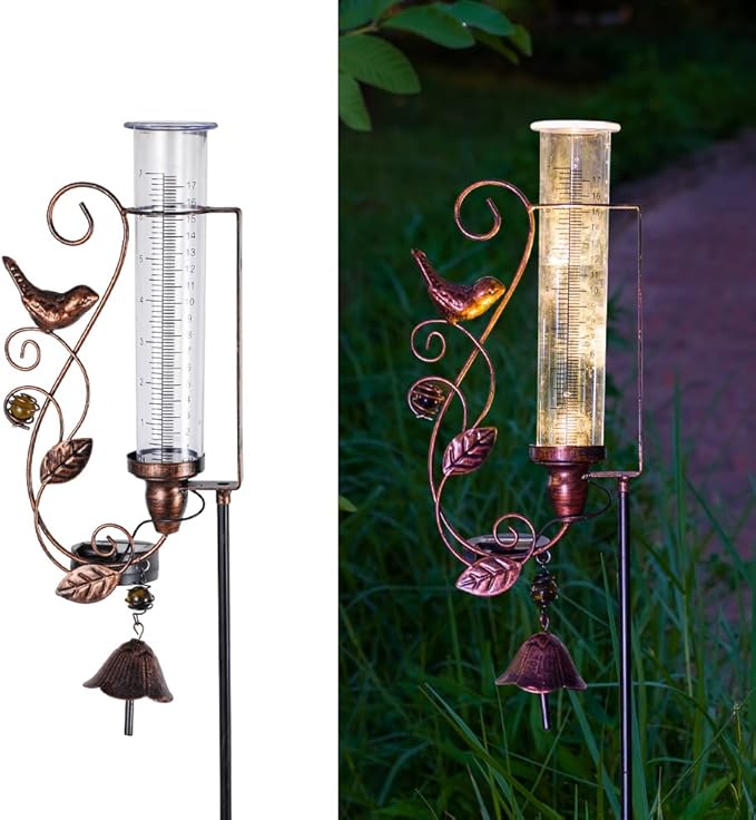 Rain Gauge Outdoor, Solar Rain Gauges with 7" Plastic Tube, Hummingbird Metal Rain Gauge with Decorative Bell for Garden Yard Lawn Decor