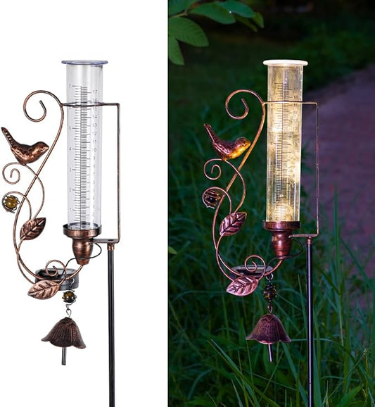 Rain Gauge Outdoor, Solar Rain Gauges with 7" Plastic Tube, Hummingbird Metal Rain Gauge with Decorative Bell for Garden Yard Lawn Decor