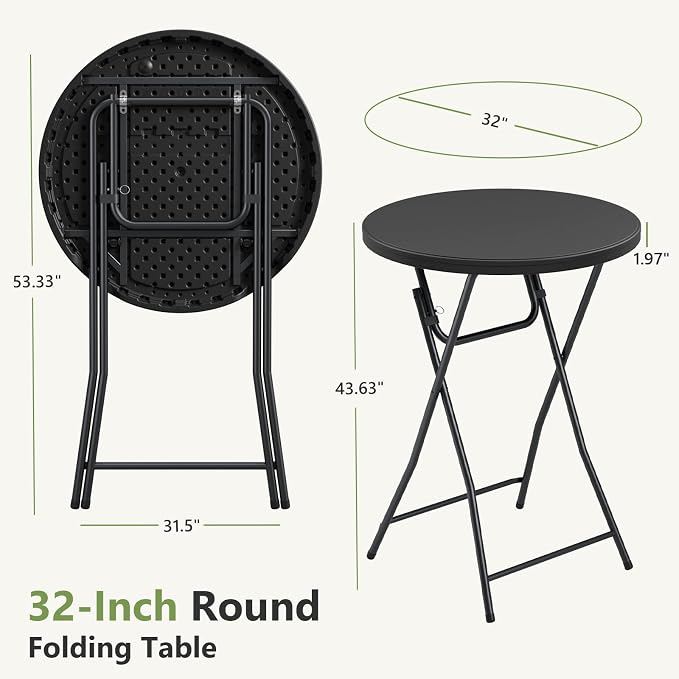 Folding Table, 32 Inch Foldable Cocktail Bar, High Top Round Folding Tables No Assembly, Portable Bistro & Commercial Furniture for Wedding, Banquet, Party, Indoor Outdoor Use