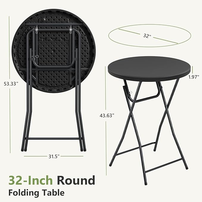 Folding Table, 32 Inch Foldable Cocktail Bar, High Top Round Folding Tables No Assembly, Portable Bistro & Commercial Furniture for Wedding, Banquet, Party, Indoor Outdoor Use