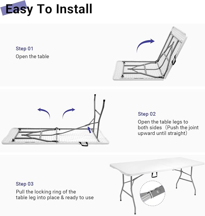 Byliable Folding Table 6ft, Heavy Duty Portable Plastic Fold-in-Half Utility Table with Carrying Handle for Indoor Outdoor, Camping Picnic Party, White