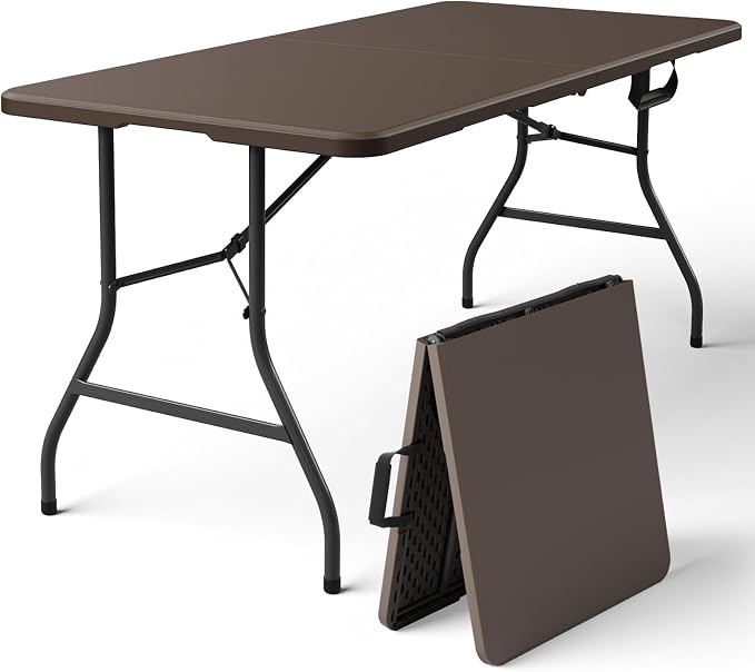 Folding Table 5FT Heavy Duty Plastic Table with Handle, Foldable&Portable, Fold-in-Half Utility Tables for Outdoor, Dining, Wedding, Events, Indoor, Picnic, Camping, Party, Brown