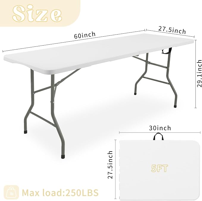 Set of 2 Folding Table 5 FT Camping Table Portable Heavy Duty Plastic Rectangular Outdoor Dining Table Steel Legs Fold-in-Half with Carrying Handle for Indoor,Picnic,Party,Wedding,Events(White)