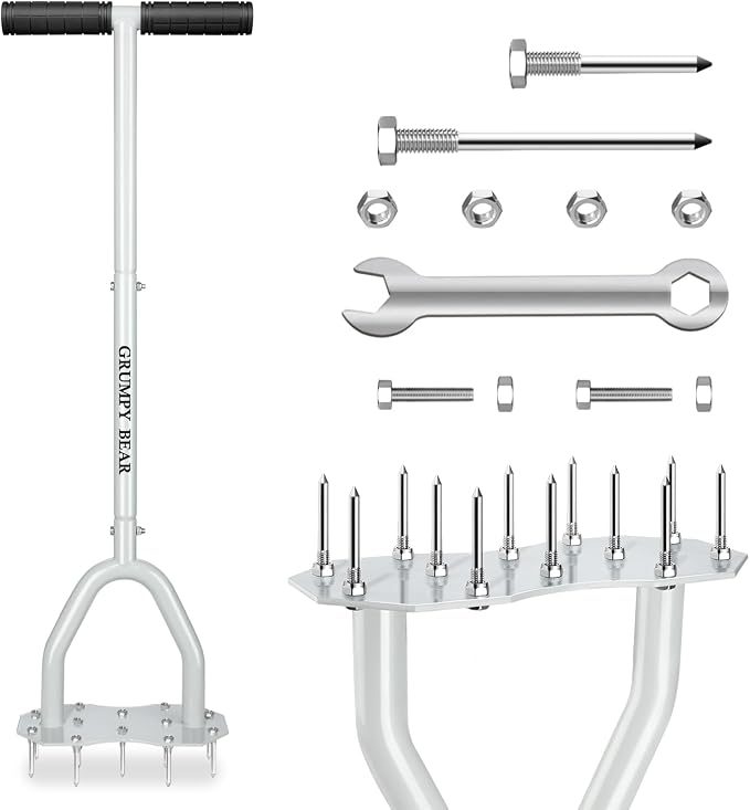 Grumpy Bear Heavy Duty Spike Lawn Aerator – Non-Slip T-Handle, Thick Stainless Steel Tube, Big Foot Plate for Better Root Growth & Water Drainage