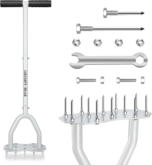 Grumpy Bear Heavy Duty Spike Lawn Aerator – Non-Slip T-Handle, Thick Stainless Steel Tube, Big Foot Plate for Better Root Growth & Water Drainage