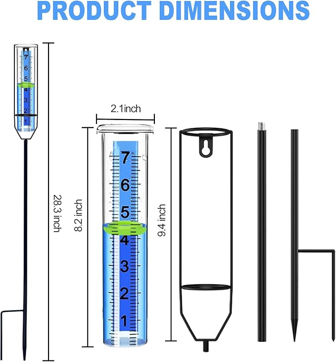 Rain Gauge Outdoor with Large Easy-Read Numbers | Freeze-Resistant Plastic Rain Gauge with Floating Marker, Stake or Hang Installation | 7" Rain Measuring Tool for Garden Yard Fence Farm