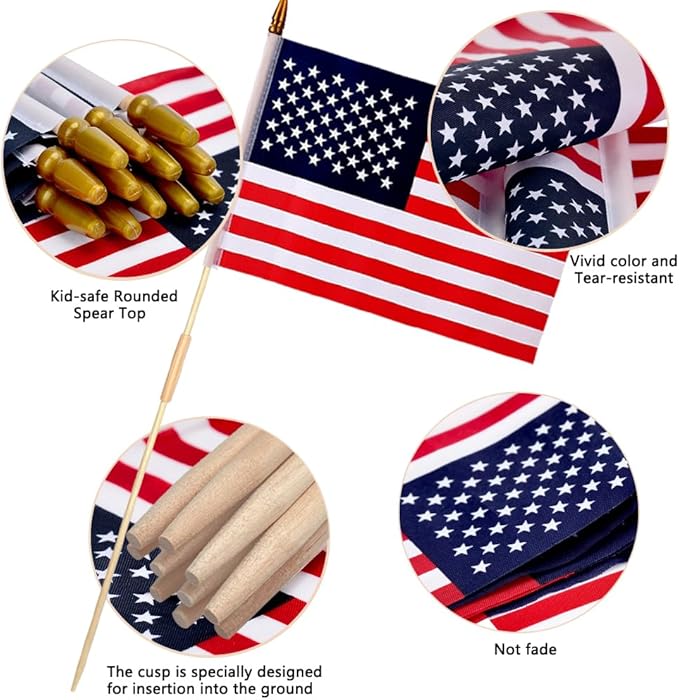 12 Pcs 12x18 Inch American Flags for Outside, 250th Anniversary USA Stick Flag with Handheld and Grounded Multi-Purpose Flagpole, Memorial Day, 4th of July Decorations, Patriotic Decorations
