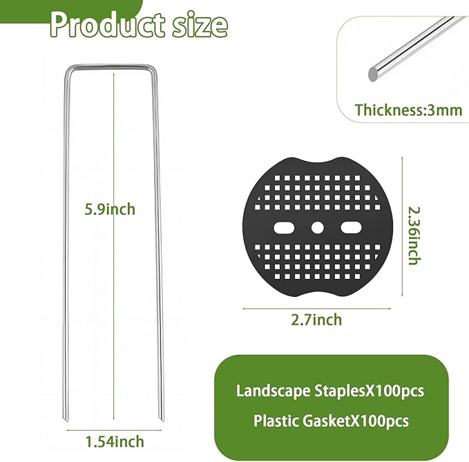 200PCS Garden Stakes Staples 6 inch Landscape Fabric Pins Lawn 100Pcs U Shaped Galvanized Staples Ground Stakes Landscaping Pins with 100Pcs Gasket for Weed Barrier Plant Cover Decorations