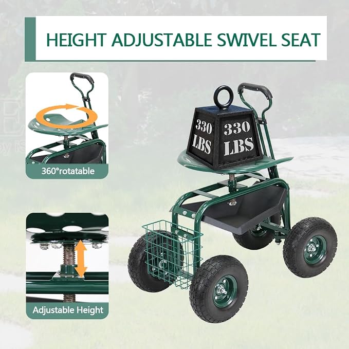 Garden Cart on Wheels,Rolling Garden Cart with Seat,Heavy Duty Gardening Stool with Basket,Adjustable Steering Handle, 360 Degree Swivel Seat for Yard,Patio,and Outdoor