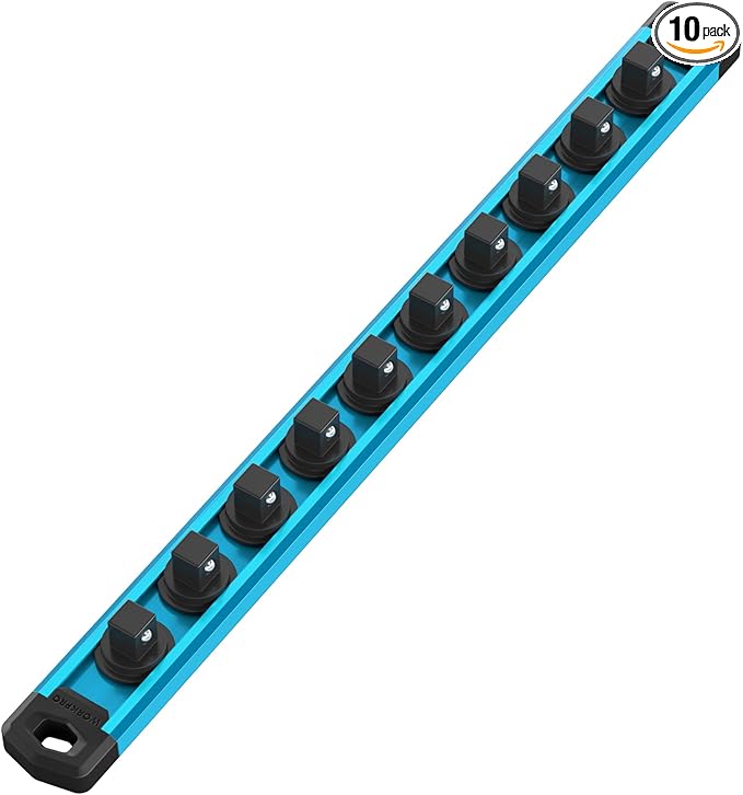 WORKPRO Magnetic Socket Organizer, 3/8-Inch Drive Aluminum Alloy Socket Rail, Heavy Duty Socket Holder, Socket Rack Kit 3/8-Inch x 10 Clips Sky Blue (Socket not Included)