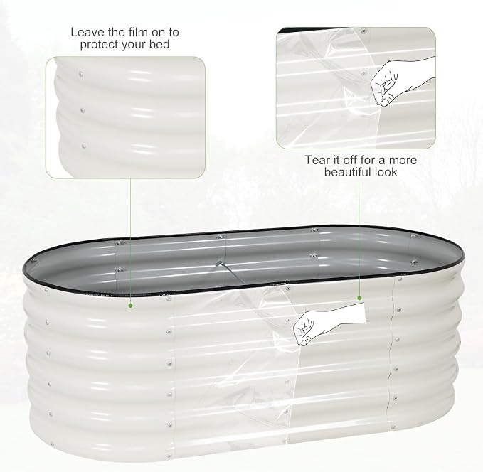 Galvanized Raised Garden Bed - 4x2x1.4FT Metal Planter Boxes Outdoor | Oval Steel Raised Bed Kit for Gardening with Protective Tape, Gloves for Vegetables, Flower, Herb (White)