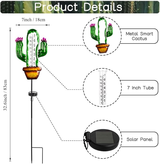 Stargarden Solar Rain Gauge Outdoor, Cactus Solar Powered Rain Gauge, 7 Inch Tube Rain Measure Gauge with Metal Stake, Decorative Rainfall Measurement for Lawn, Patio, Yard, Garden