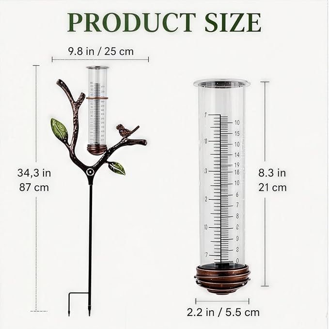 Outdoor Glass Rain Gauge with Stake Bird Shaped Yard Rainfall Measuring Tool 7 Inch