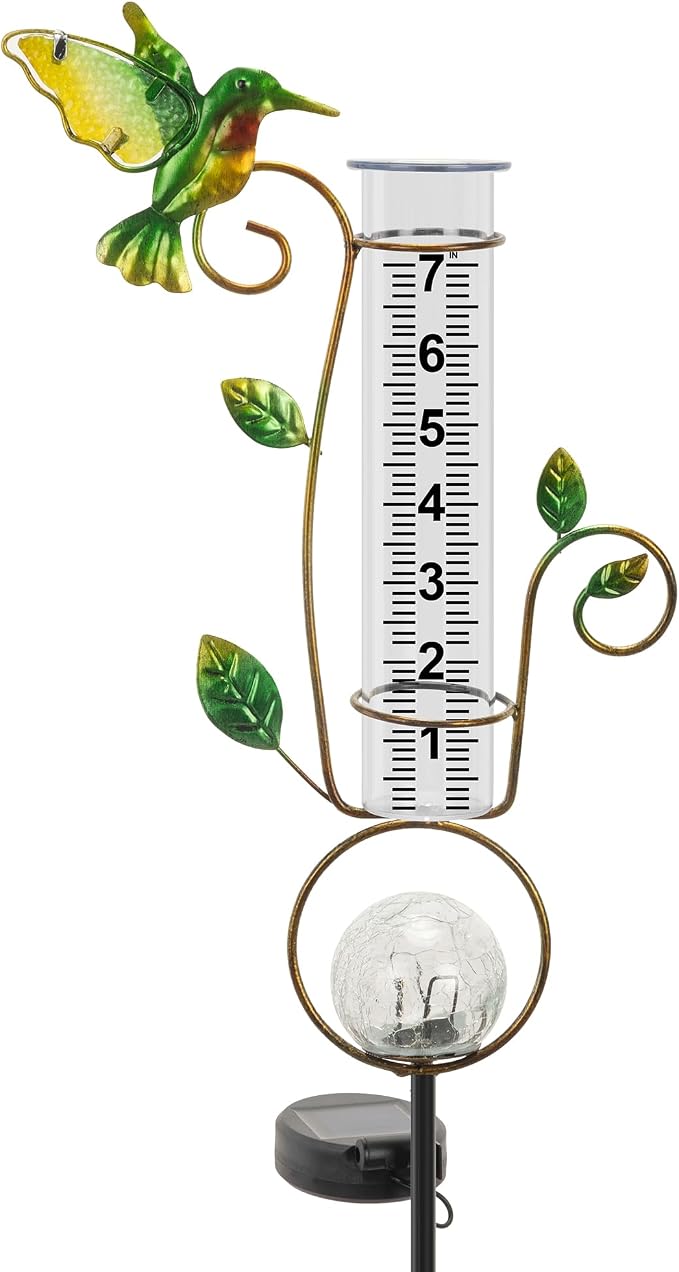 Rain Gauge Outdoor, for Women/Mom/Grandma, Upgraded Solar Rain Gauges Hummingbird with Color Changing LED Cracked Ball Lights 7" Measuring Cup for Yard Lawn Garden Decor