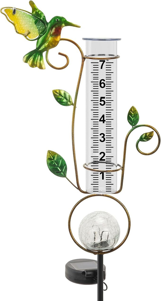 Rain Gauge Outdoor, for Women/Mom/Grandma, Upgraded Solar Rain Gauges Hummingbird with Color Changing LED Cracked Ball Lights 7" Measuring Cup for Yard Lawn Garden Decor