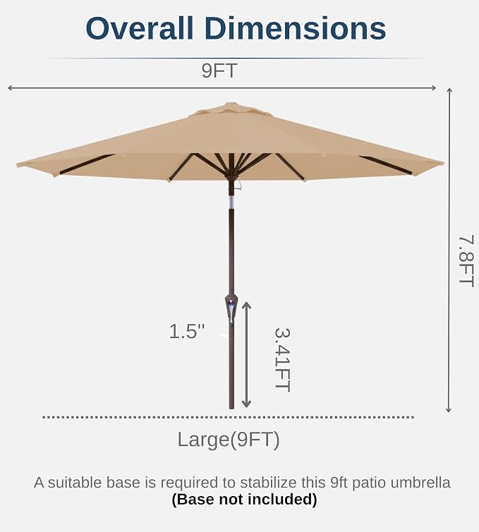 9FT Auto-Tilt Patio Umbrella|Outdoor Market Table Umbrella with 8 Fiberglass Ribs for Pool,Deck&Backyard