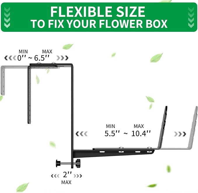 Window Box Brackets, Adjustable Planter Box Brackets, Heavy Duty Iron Flower Box Bracket for Deck Railing with Upgraded Bottom Support - Ideal for Balconies, Fences, and Gardens (4 Pack)