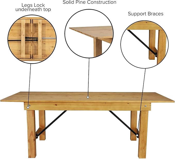 Flash Furniture HERCULES 8' x 40" Rectangular Antique Rustic Solid Pine Folding Farm Table, Light Natural