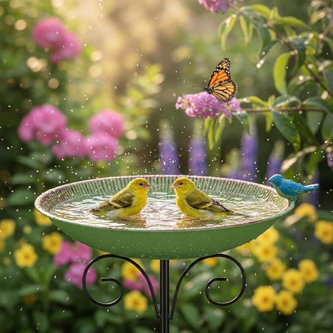 Metal Bird Bath for Outdoor,10" Standing Frees Birdfeeder with Metal Stake,Vintage Bird Baths Feeder Bowl for Outdoors Garden Patio Yard Lawn Decor (Green)