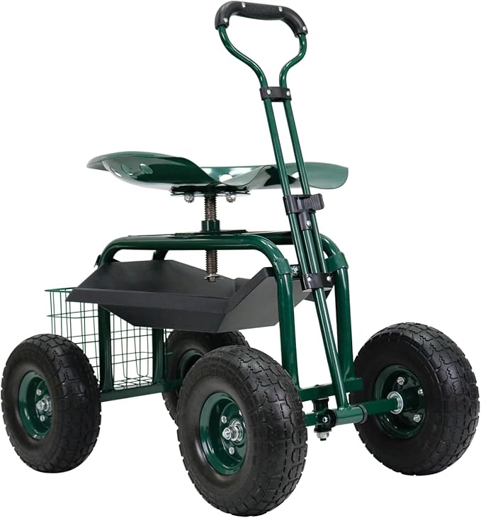 Garden Cart on Wheels,Rolling Garden Cart with Seat,Heavy Duty Gardening Stool with Basket,Adjustable Steering Handle, 360 Degree Swivel Seat for Yard,Patio,and Outdoor