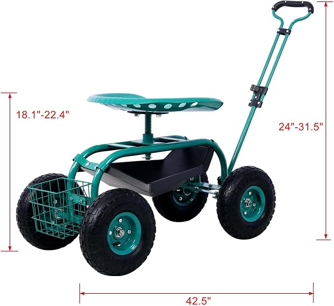 Rolling Garden Cart, 360 Swivel Gardening Seat with Wheels, Tool Basket, Adjustable Height, Outdoor Garden Workseat, Gardening Stool Scooter for Sitting (Green)