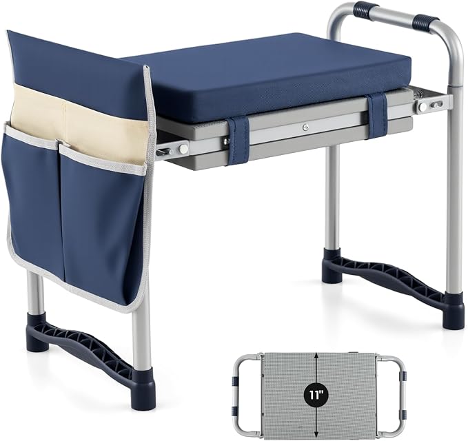 Giantex Garden Kneeler and Seat, Foldable Gardening Stool w/Wide EVA Foam Padding, Tool Pouch, Heavy-Duty Kneeling Bench for Knee & Back Pain Relief, Gardening Kit for Seniors Women Men (Navy)