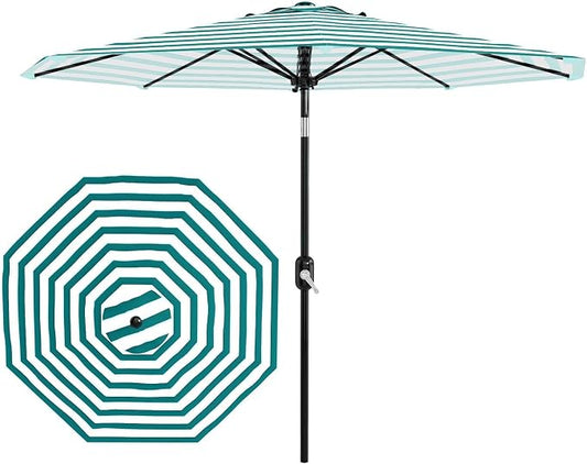 GarveeLife 9FT Patio Umbrella Outdoor, Table Umbrella with Push Button Tilt and Crank, 8 Sturdy Ribs UV Protection Waterproof for Garden, Pool, Market, Deck (Turquoise Blue & White Stripe)