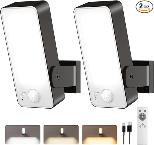 2 Pack Motion Sensor Outdoor Lights, 10000mAh Rechargeable Battery Operated Outdoor Lights with Remote, 3 Modes with Red Alert, Dimmable & 3CCT, Outdoor Security Lights for Porch, Backyard, Garage