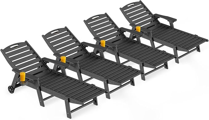 Ciokea Outdoor Lounge Chair Set of 4, All Weather Patio Chaise Lounge Chair for Outside, HDPE Chair with Rolling Wheels & Cup Holder, 5 Position, Deck, Pool, Black
