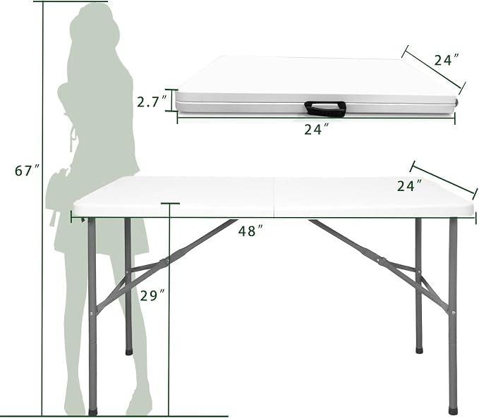Folding Table 4ft Heavy Duty Folding Tables Indoor Outdoor Plastic Dining Table Portable Folding Square Card Table w/Handle for Picnic, Party, Camping (4 FT)