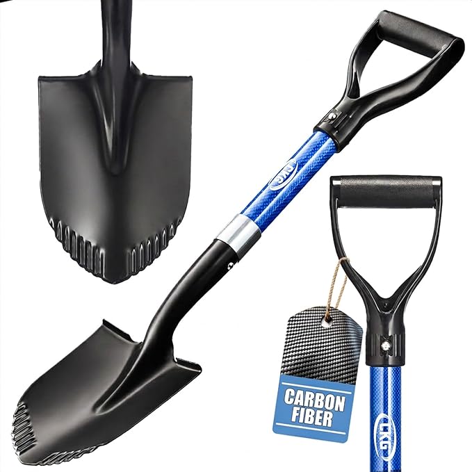CKG Small Shovel Carbon 28 Inches Lightweight Camping Portable Shovel Ideal for Digging, Small Garden Shovel with D Handle Round Point Blade Camp Shovel, Blue
