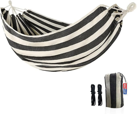Cotton Canvas Hammock, Comfortable Fabric Camping Hammock with Tree Straps, Up to 440lbs with Travel Bag for Camping Outdoor/Indoor Patio Backyard(Black&White, Without bar)