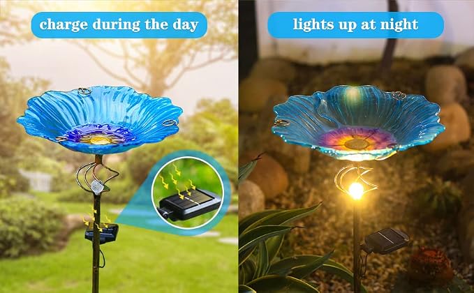 Homight Solar Glass Blue Bird Bath, Yard Art，Garden Outdoor Birdbath with Metal Stake with White LED Light Metal Stake Garden Decor Gift