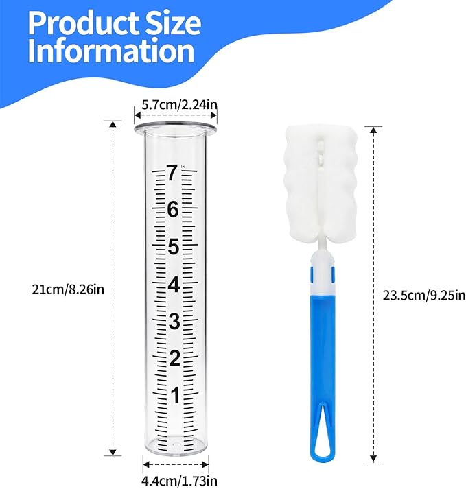 7'' Plastic Rain Gauge Replacement Tube, Durable Thick Plastic Rain Gauge Tube with Cleaning Brush,Cold Resistance Crack Resistance for Garden Yard Lawn Outdoor Use