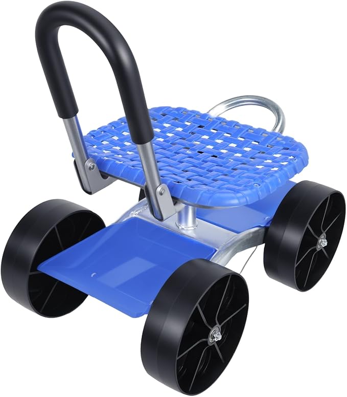 Cuteam Rolling Garden Seat, Utility Garden Stool with Flat Wheels, Foldable Lazy Seat Stool, Picking Rotary Tool Cart with Storage Shelf, Adjustable Height (Blue)