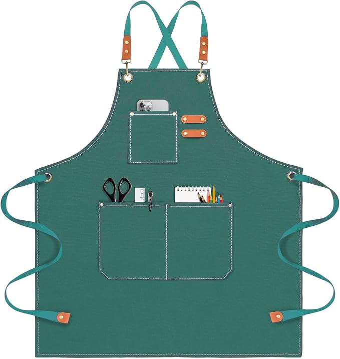OUNLEN Chef Apron for Men Women Canvas Aprons with 3 Pockets Cross Back Resistant Work Apron for Cooking