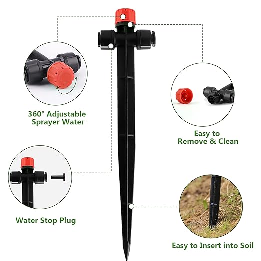 30pcs Drip Irrigation Emitters, Kalolary Adjustable 360 Degree Water Flow Emitters for 1/4" Tubing, Two-Way Connection Irrigation Drippers for Garden, Lawn, and Greenhouse Watering Systems(Red)