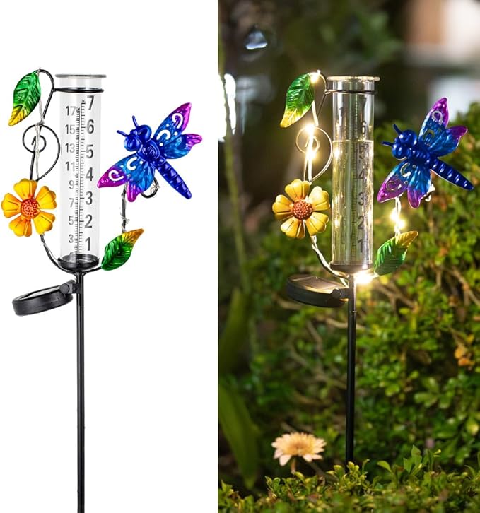 Rain Gauge Outdoor, Solar Rain Gauges for Yard, Dragonfly Freeze Proof Rain Gauge with 7" Plastic Tube, Metal Decorative Water Gauge with Led Light