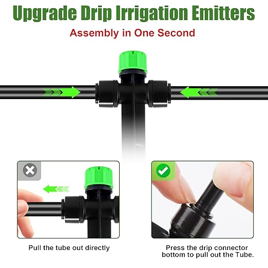 30pcs Drip Irrigation Emitters, Kalolary Adjustable 360 Degree Water Flow Emitters for 1/4" Tubing, Two-Way Connection Irrigation Drippers for Garden, Lawn, and Greenhouse Watering Systems(Green)