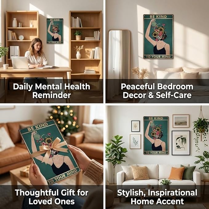 "Be Kind To Your Mind" Garden Sign, Vintage Floral Woman Metal Poster, 8x12 Inch Inspirational Wall Art Decor for Outdoor Yard Patio Greenhouse, Mental Health Gardening Gift for Her