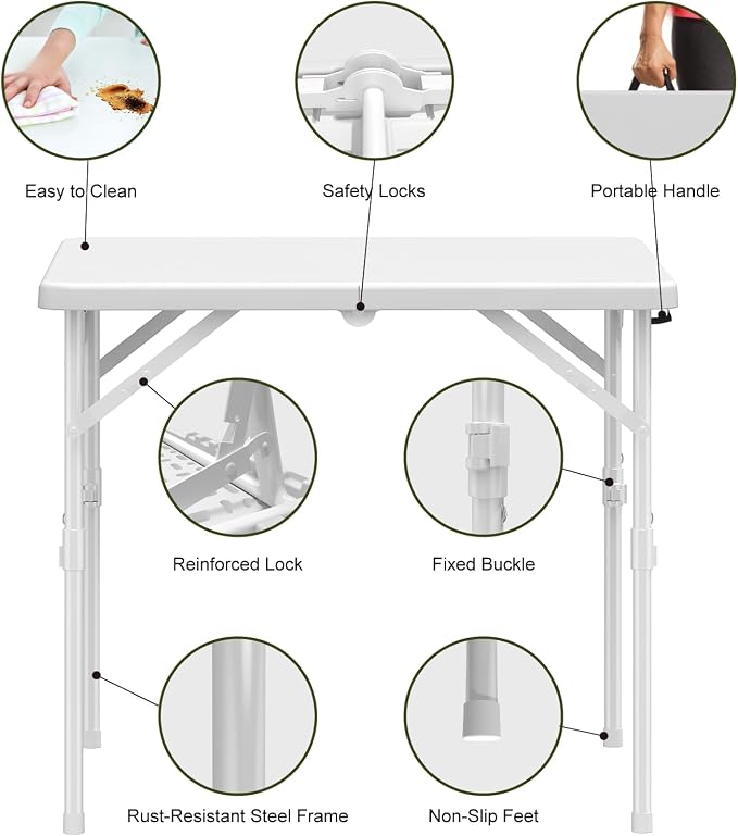 34" Folding Table, Portable Square Folding Card Table, Picnic Tables with Collapsible Legs & Carrying Handle (White, 1 Pack)