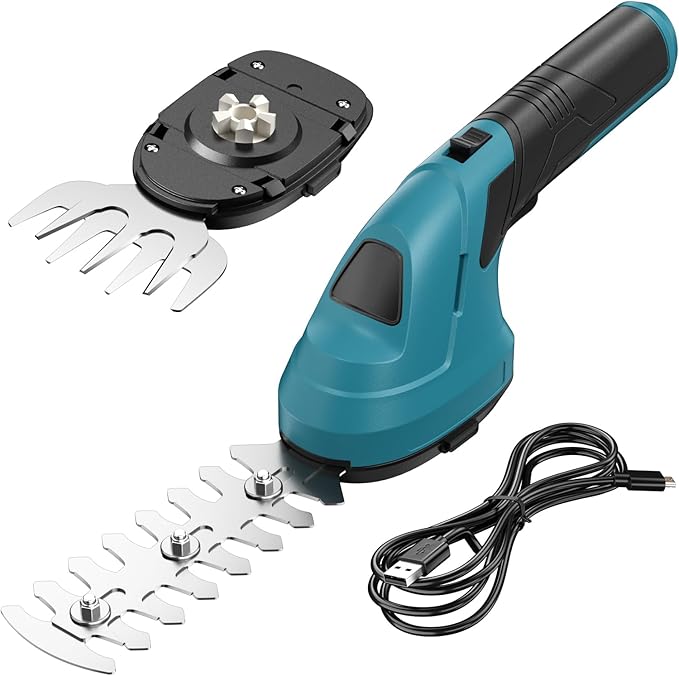FULLYEA Hedge Trimmer Cordless Grass Shear, 2 in 1 Handheld Small Bush Trimmer,2.0Ah Battery & Type-C Cable Included, Lightweight Electric Hedge Trimmer for Garden Yard Lawn(Blue)
