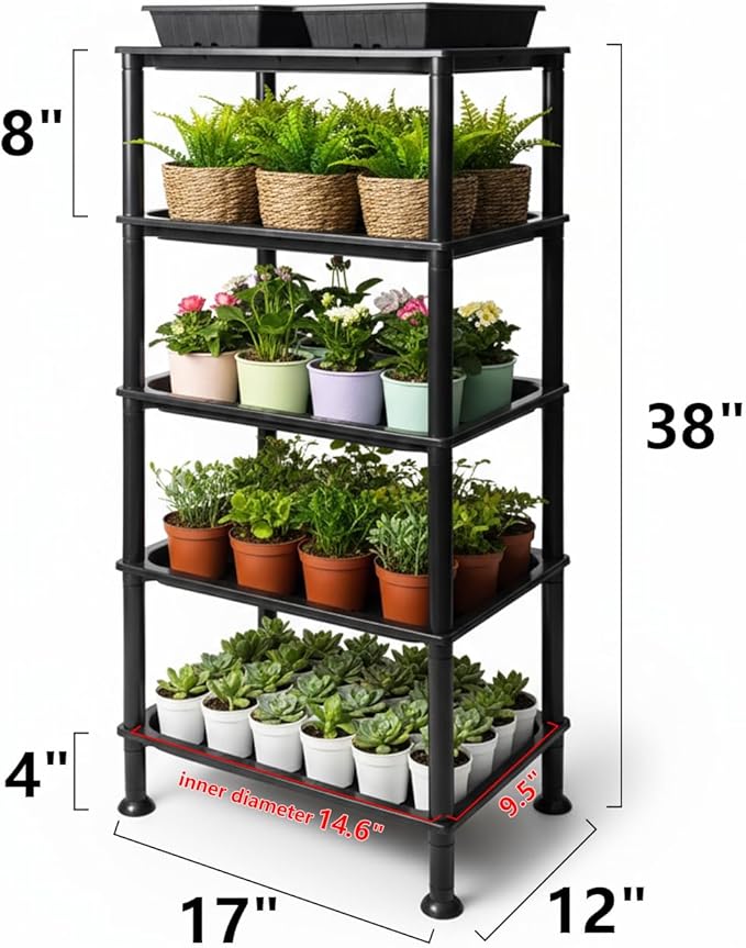 RooTrimmer 5-Tier Seed Starter Trays, Plant Stand, with Bottom-Watering Design– Reinforced Thickened Shelf for Small Pots, Balcony/Indoor Seed Starting & Greenhouse, Black