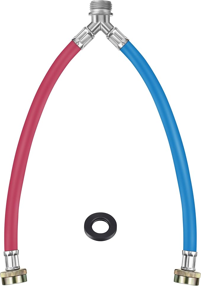 Dreyoo Rubber Washing Machine Y Hose, 3/4 Inch Brass Fittings, 1 ft (12 Inch) Hot and Cold Water Supply Y Mixer Hose Connector for Washing Machines Outdoor Garden Faucets(Red Blue, 1 Pcs)
