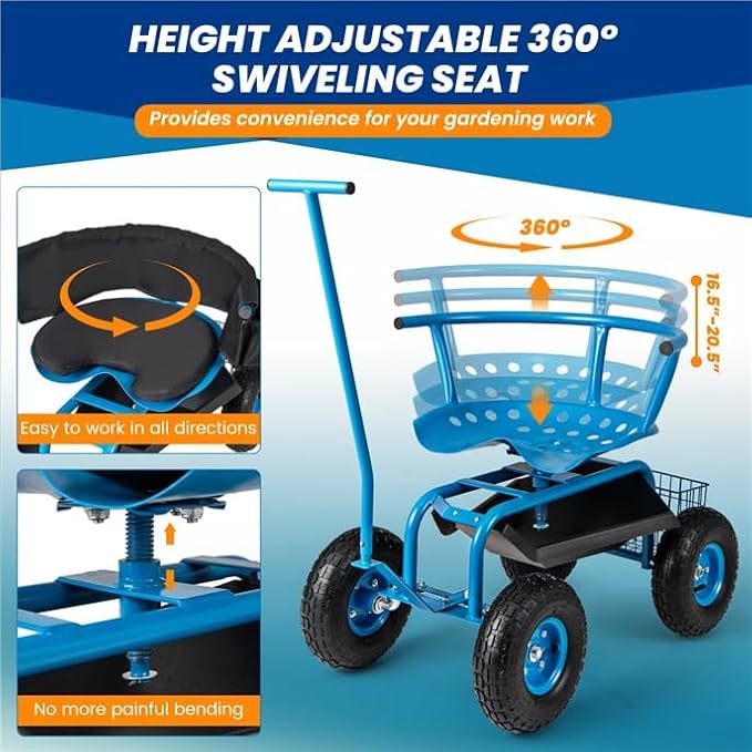 ERGOMASTER Rolling Garden Seat with Wheels,360 Degree Swivel Seat Gardening Stool for Planting,Tool Storage & 2 Steering Handles,Use for Patio, Yard, and Outdoors Workseat, Blue