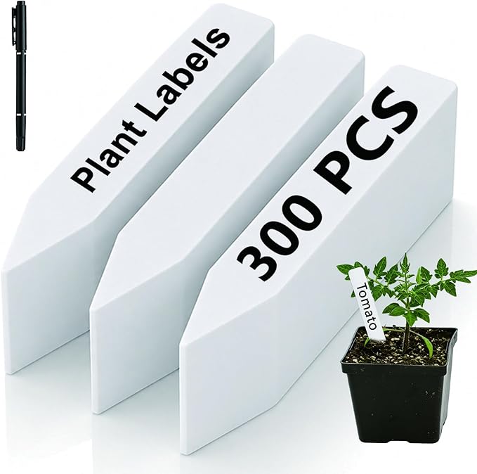 300 Pack Plant Labels, 4 Inch Potted Plant Name Tags Plastic, Seedlings Seed Markers Nursery Plant Stake Tag with Marking Pen for Outdoor Indoor Garden Patio Flower Vegetable, White