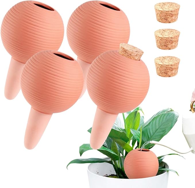 Plant Watering Globes Set of 4, 14oz Terracotta Self-Watering Globes for PottedPlants, Watering Planter Insert Bulbs with Cork Stoppers, Automatic Watering Spikes for Indoor&Outdoor Plants, Orange