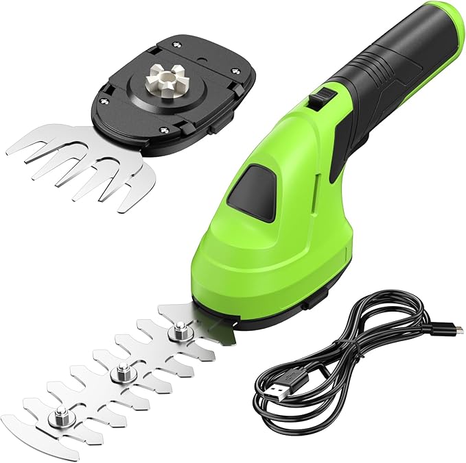 FULLYEA Cordless Hedge Trimmer, 2 in 1 Handheld Cordless Grass Shears with 2.0Ah Battery and Type-C Cable Included, Lightweight Bush Trimmer Grass Cutter for Garden Yard Lawn(Green)