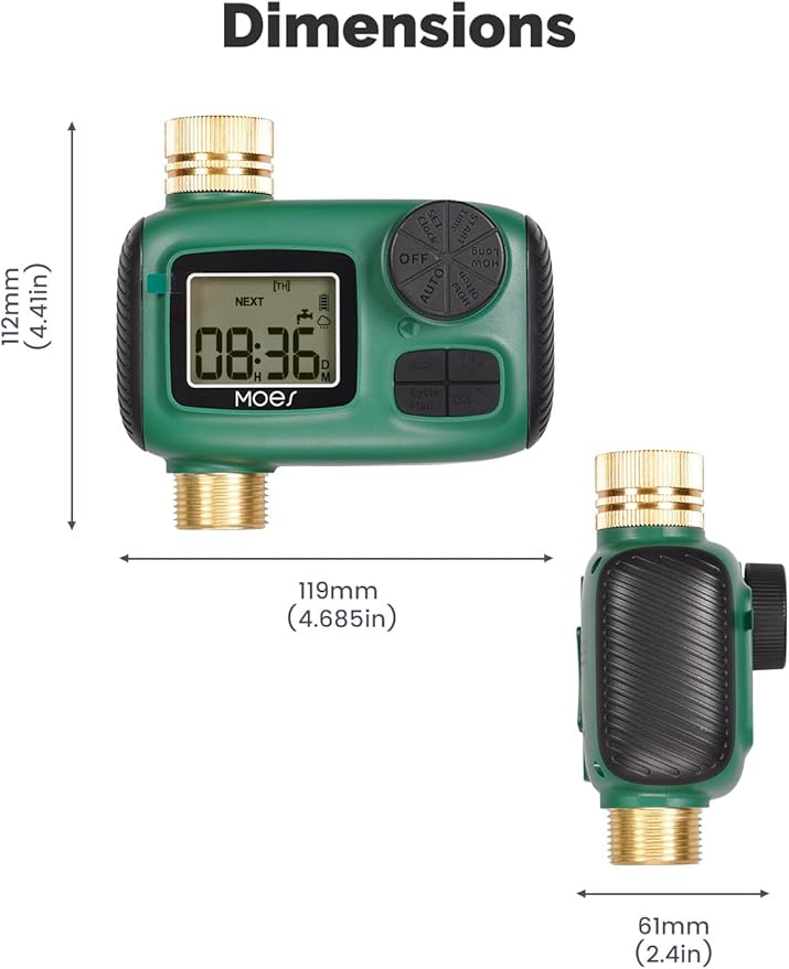 MOES Sprinkler Timer, Brass Inlet & Outlet, Programmable Automatic Irrigation Controller, Rain Delay, Manual Watering, 1 Zone Water Hose Timers for Gardens, Lawns, Hose Systems