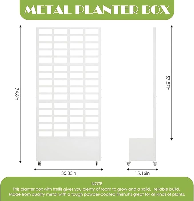 Metal Planter Box with Trellis for Climbing Plants, 74.8"x35.83"x15.16" Raised Garden Bed with Privacy Screen, Outdoor Planter with Drainage Holes, White